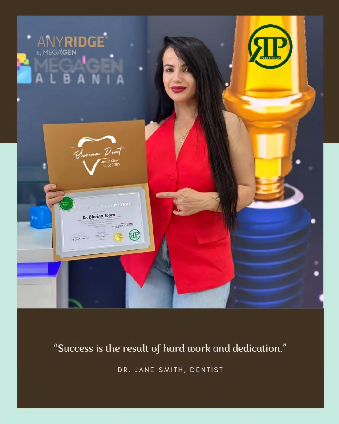 Woman holding a certificate with promotional elements and branding in the background